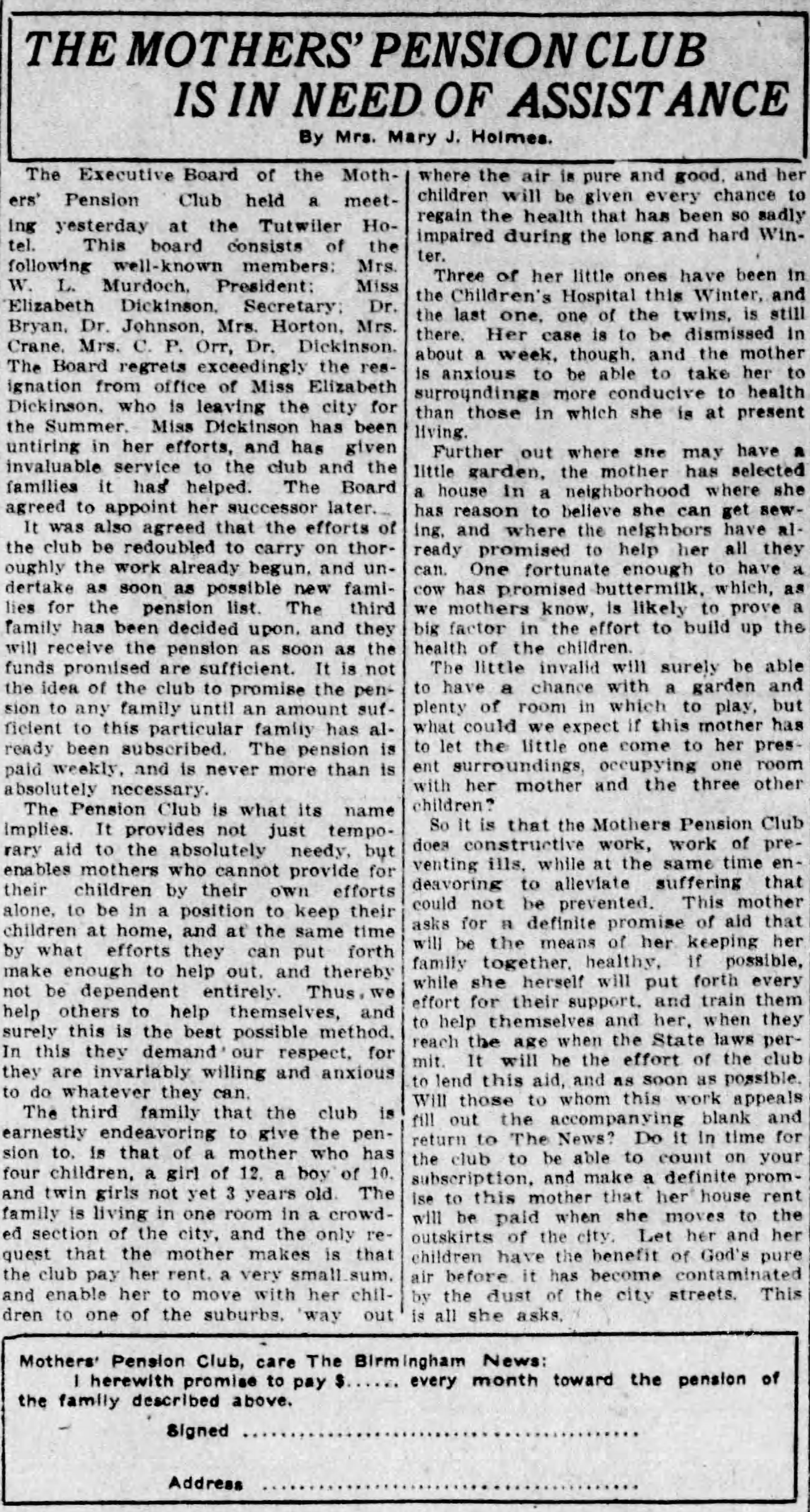 The Mothers' Pension Club Is In Need of Assistance